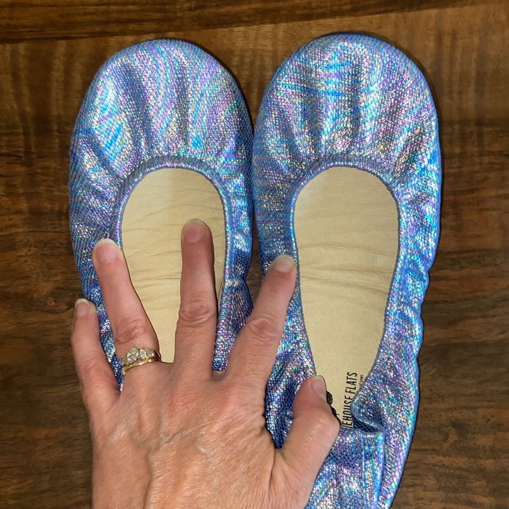 Brand New Leather Folding Ballet Flats Rainbow Shimmer Packable Shoes Like Tieks - Picture 6 of 15